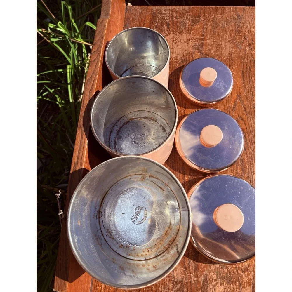 Vintage Set Of 3 Ransburg  Indianapolis Metal Canisters Rooster Pink Copper Nest